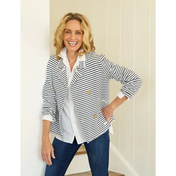 Frank & Eileen Mini Belfast Cropped White Stripe Sweatshirt Peacoat Blazer Small - Picture 1 of 10